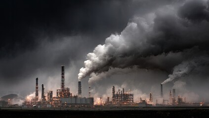 Industrial complex, dark ominous clouds of smoke