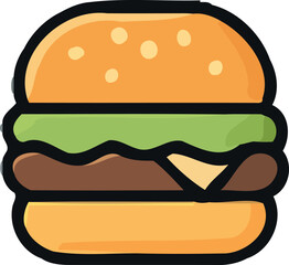 Delicious cartoon burger with sesame seed bun patty cheese and lettuce