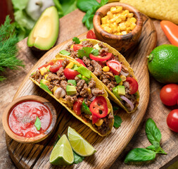 Mexican meat tacos or beef stuffed tortillas and lime slices near them on wooden serving board.