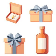 Colorful gift boxes with a ring and a bottle highlighting celebration