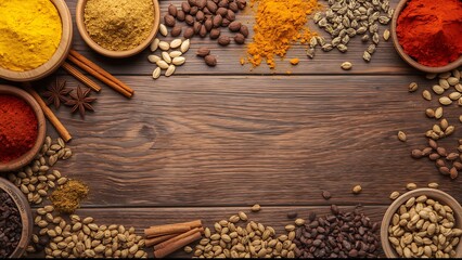 Aromatic Spices and Herbs Arranged on a Wooden Surface