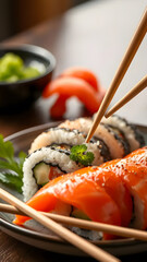 Close-up of delicious sushi food, vibrant colors, appetizing presentation, chopsticks, gourmet meal.