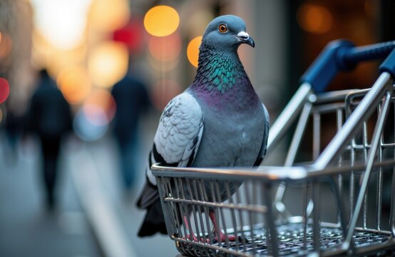Pigeon sitting in a shopping cart on city street during evening hours - Powered by Adobe