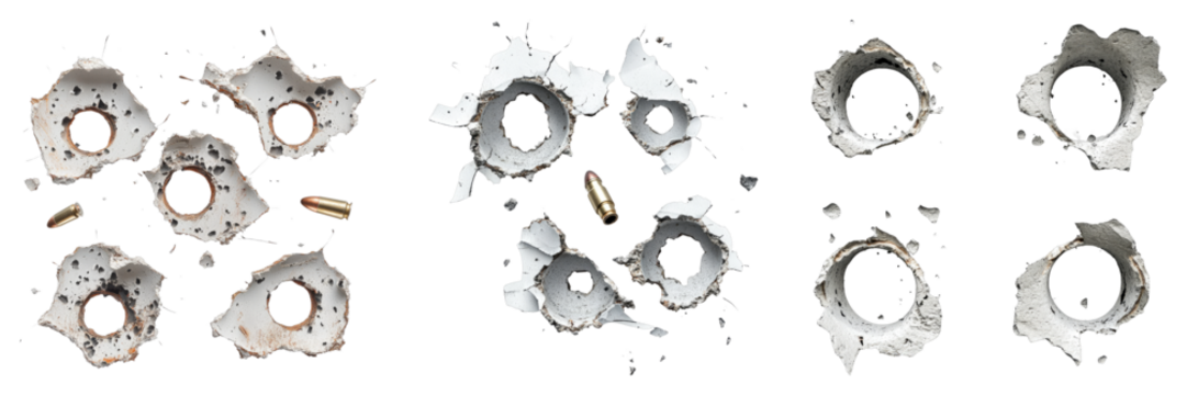 set of bullet holes isolated on transparent background