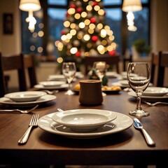 Elegant christmas dining setup with bokeh lights