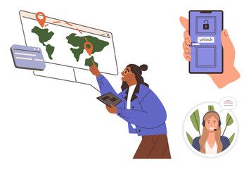 Woman interacting with world map for navigation, tablet in hand. Smartphone shows locked access. Customer service rep speaking. Ideal for technology, communication, global reach, safety, business
