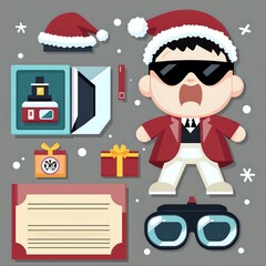Stylish character in santa hat surrounded by festive items