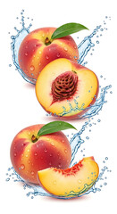 Juicy ripe peaches, whole, halved, and sliced, are captured mid-air with a refreshing water splash.