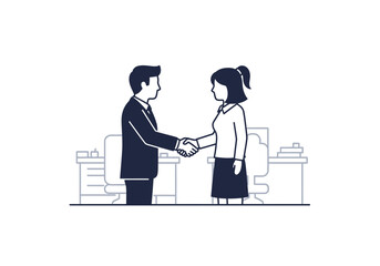 Man and woman in office shaking hands in agreement with desks and chairs in the background scene