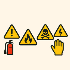 A vector illustration displaying various safety signs, including fire, electrical, and hazard symbols, along with fire extinguisher and a gloved hand, against a neutral background.