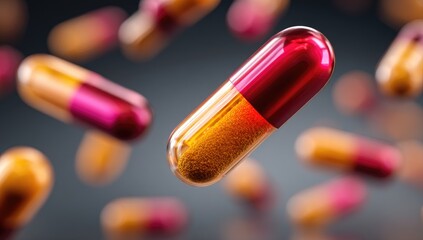 Floating, vibrant orange-red pills, 3D render