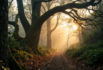 Serene forest pathway illuminated by soft sunlight filtering through twisted tree branches