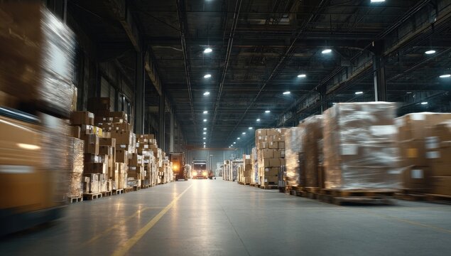 Industrial warehouse interior, forklift in motion.  Boxes, pallets, and a  central aisle