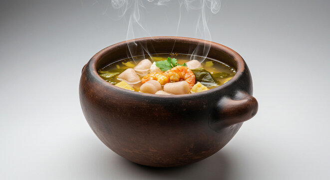 A steaming bowl of tacac&aacute;, a traditional Amazonian soup made with tucupi broth, jambu leaves, dried shrimp, and tapioca pearls. Served in a gourd-like ceramic bowl with a clean white background.