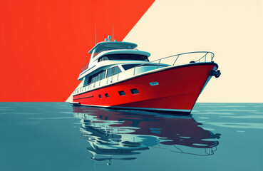 Naklejka premium Luxury yacht sailing on calm water with a vibrant red and beige background
