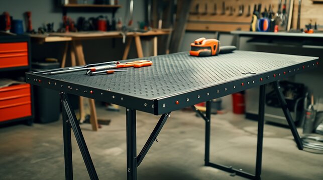 Folding table in a garage workshop covered with tools screws and small projects showing a versatile workspace in an industrial setting ready for hands on work