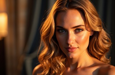Fototapeta premium A woman with wavy blonde hair gazes confidently at the camera in warm, soft lighting