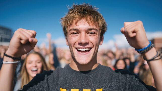 Back to School bell start ringing in bright sky, Back to school excitement as bell start ringing bright sky with happy young man celebrating