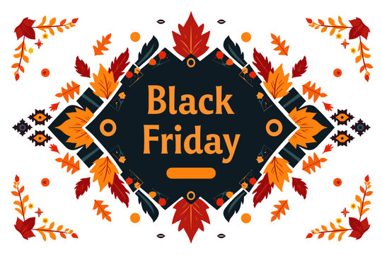 Stylized abstract Black Friday sale announcement graphic with autumnal leaves in orange, red, and dark tones for seasonal promotions and marketing banners.
