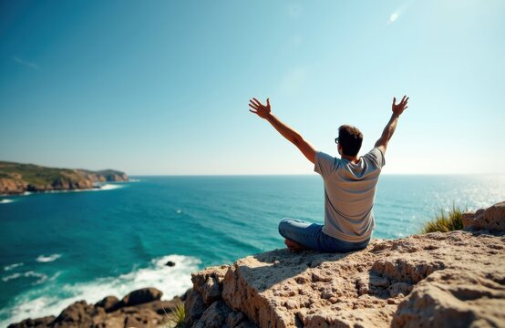 A man sitting on a rocky cliff with arms raised overlooking the ocean under a clear sky