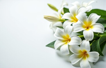 Fototapeta premium White plumeria flowers with yellow centers arranged on a white background creating a fresh floral composition