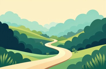 Obraz premium A peaceful landscape featuring a winding dirt path through lush green hills and trees under a soft sky
