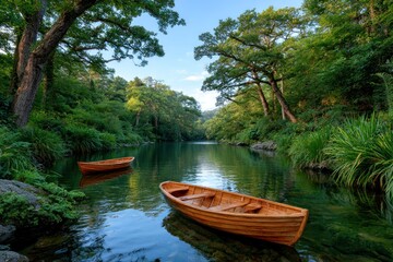 Obraz premium Serene river scene with wooden boats