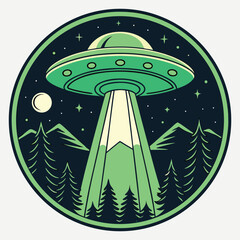 Retro UFO Abduction Scene Over Mountainous Forest at Night © Sadhin07