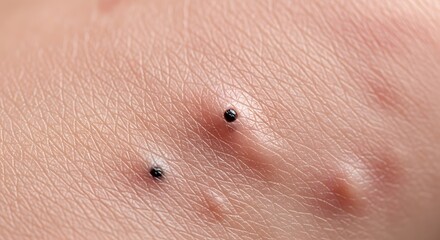 Close-up view of human skin displaying several dark spots and minor raised bumps, indicating common skin blemishes, potential dermatological conditions, or various skin issues