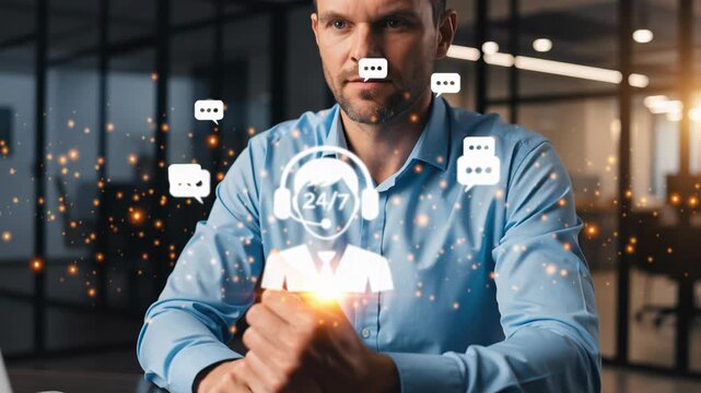Digital support system with 24 hour customer service icon and chat bubbles, concept of virtual assistance and client communication.