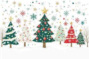 Fototapeta premium Vector illustration of festive Christmas trees adorned with decorative ornaments and snowflakes.