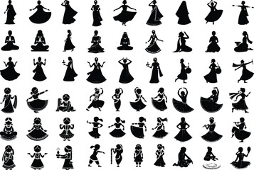 Girl in Traditional Indian Dress Silhouette Set – Cultural Icon Collection Indian Girl Silhouette Pack – Traditional Saree & Festive Pose Icons