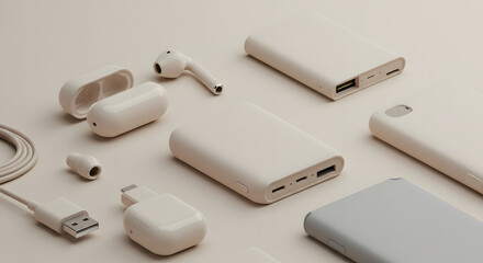 Fototapeta premium Minimalist Lifestyle: Pastel-Toned Technology Gadgets Arranged on a Neutral Surface Design