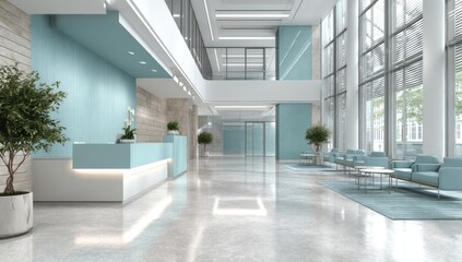 Fototapeta premium Modern, light-filled office lobby with light blue accents (1)