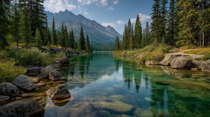Serene Mountain Lake Scene with Tall Evergreen Trees and Rocky Shoreline Under Bright Sky