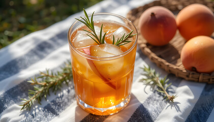 Refreshing peach cocktail with ice and rosemary garnish on a striped blanket, with peaches in a wicker tray.