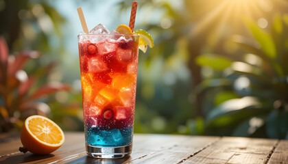 A tall glass of colorful layered cocktail with ice, straw, and fruit garnish sits on a wooden surface, with a half orange and lush greenery in the background bathed in sunlight.