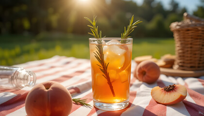 Refreshing peach iced tea with rosemary garnish on a picnic blanket in a sunny outdoor setting, with peaches and a basket nearby.