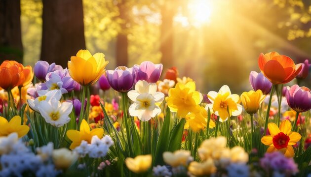 a vibrant outdoor scene of spring flowers illuminated by sunlight celebrating the joy of springtime