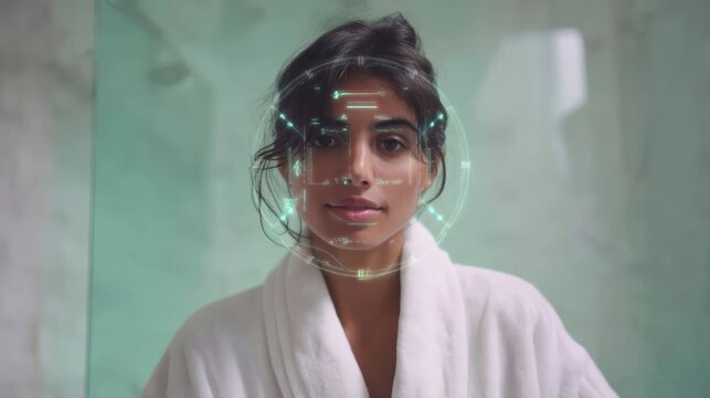 Woman with holographic interface face overlay