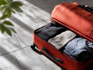 Open Suitcase Packing with Clothes  Travel Essentials  Ready for Vacation Concept.