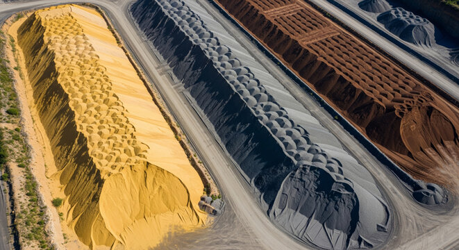 Aerial view of colorful industrial mineral piles arranged in long parallel rows on paved ground