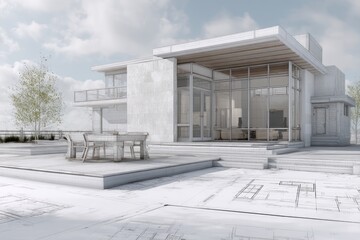 Modern house exterior, blueprint overlay.  Outdoor patio,  light-grey stone facade, glass wall