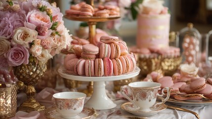  Elegant pink macarons dessert table with flowers and tea party setting