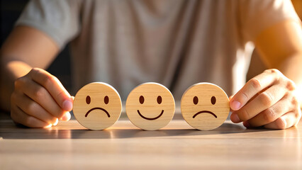 Person holding three wooden egg shapes with different facial expressions