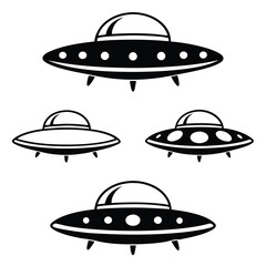 Four Retro Style UFOs Black and White Vector Illustrations