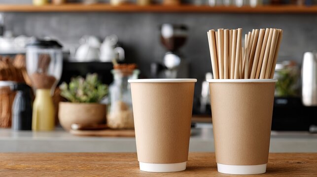 A cozy cafe scene featuring two paper cups and a holder of straws, emphasizing sustainability and minimalism.