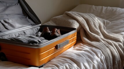 Orange Suitcase Open on Bed with Ready for Travel, and with Boots and Blanket.