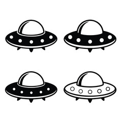 Four Retro Style UFO Icons Black and White Illustrations