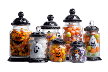 Assortment of Halloween themed candy jars filled with colorful sweets isolated on a transparent background